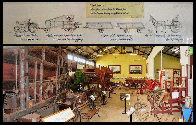 06Kingaroy1.jpg - Kingaroy; Heritage museum. Old thresher and drawing of the early "road train"