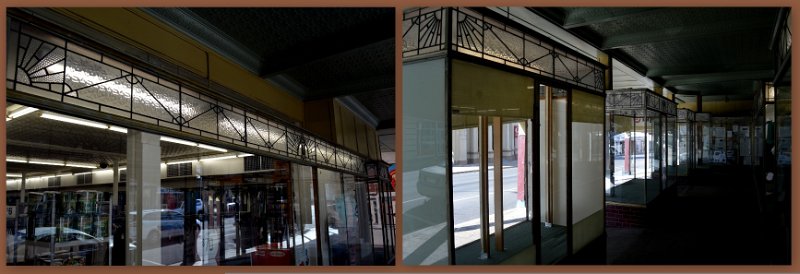 19ChTowers15.jpg - A close up under the awning reveals Target’s shop-front with art-deco glass decoration forming a frieze along the top of the window.