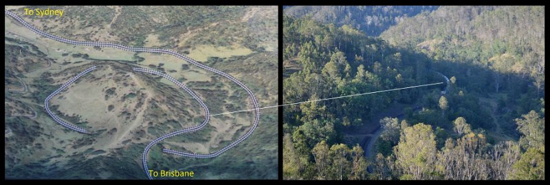 05BorderRanges1A.jpg - The XPT (Express Passenger Train) travelling through the "spiral loop"in the Brisbane to Sydney direction. The XPT is about to enter the first short tunnel with the white line showing the position.