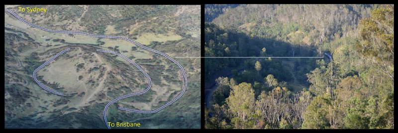 05BorderRanges3A.jpg - The XPT (Express Passenger Train) travelling through the "spiral loop"in the Brisbane to Sydney direction. The XPT has travelled through the second tunnel and about to round the last of the loop.